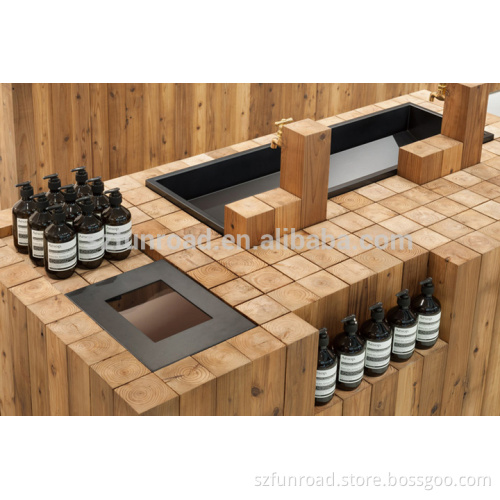 Wood grain MDF display counters ply wood display desks/tables for cosmetics store decoration